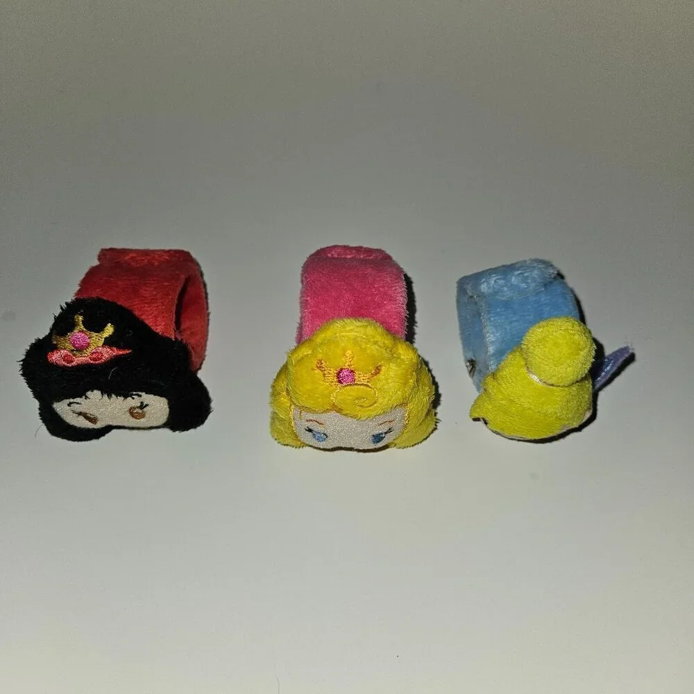 3 Disney Princess Plush Slap Bracelet Lot Snow White Tinkerbell Aurora